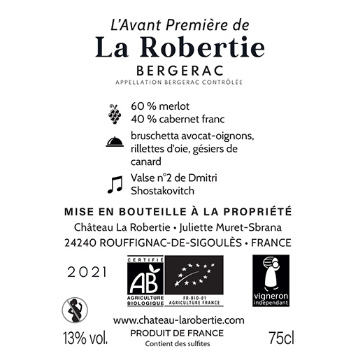 Bergerac rouge "Avant Première de la Robertie" 2021 Château La Robertie