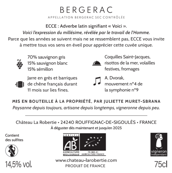 Bergerac blanc sec 2021 élevé en jarre et barriques de chêne français